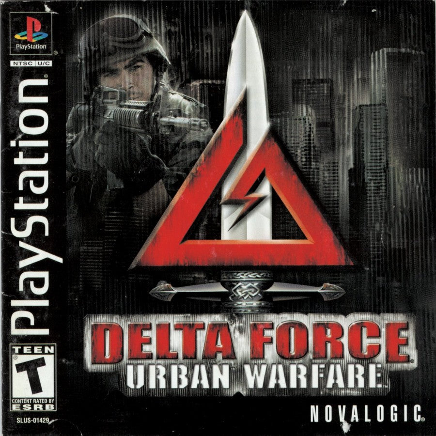 Delta Force: Urban Warfare PlayStation 1 PS1 for tactical first person shooter retro video game fans featuring military special forces missions urban combat realistic weapons stealth tactics squad based action multiplayer gameplay collectible gaming appeal front cover art