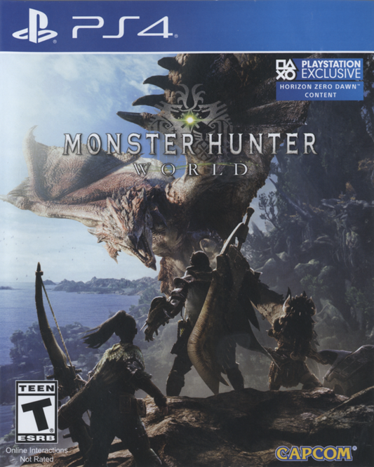Monster Hunter World – PlayStation 4 (PS4) video game cover art, action role-playing hunting monsters game