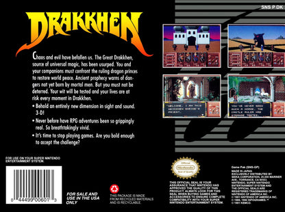 Drakkhen Super Nintendo Entertainment System SNES video game featuring fantasy role playing gameplay dragon battles open world exploration character customization magic spells dungeon exploration and challenging enemy encounters classic 16 bit Nintendo gameplay retro video game collection collectible gaming appeal back cover art