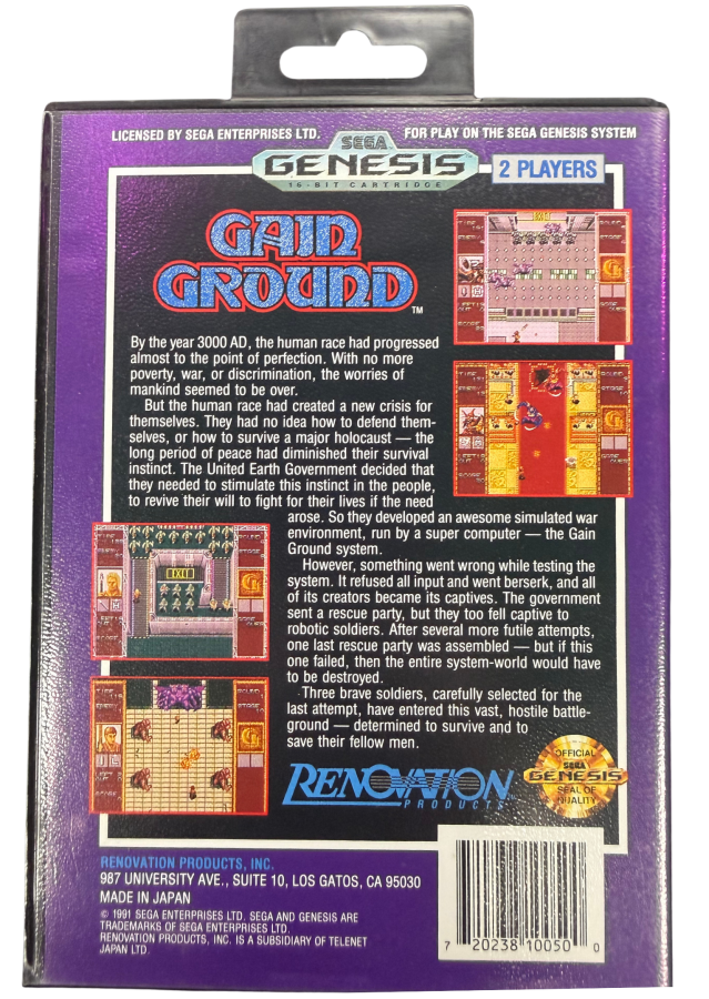 Gain Ground Sega Genesis GEN for arcade action strategy video game fans featuring tactical combat multiple playable warriors enemy battles challenging stages cooperative multiplayer strategic positioning and classic Sega arcade gameplay collectible retro Genesis gaming appeal back cover art