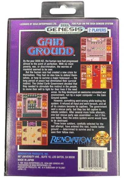 Gain Ground Sega Genesis GEN for arcade action strategy video game fans featuring tactical combat multiple playable warriors enemy battles challenging stages cooperative multiplayer strategic positioning and classic Sega arcade gameplay collectible retro Genesis gaming appeal back cover art