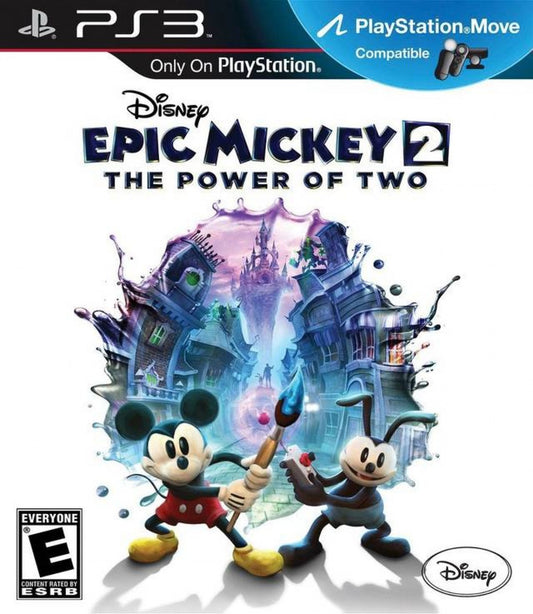Disney Epic Mickey 2 The Power of Two PlayStation 3 action-adventure platformer video game Mickey Mouse and Oswald the Lucky Rabbit cooperative gameplay Wasteland setting paint thinner brush mechanic moral choices voice acting Junction Point Studios Disney characters front cover