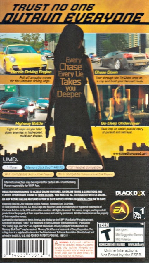 Need for Speed Undercover Complete in Box CIB PlayStation Portable PSP for racing video game fans featuring high speed street racing undercover police storyline exotic sports cars intense pursuits vehicle customization arcade style driving multiplayer modes collectible gaming appeal back cover art