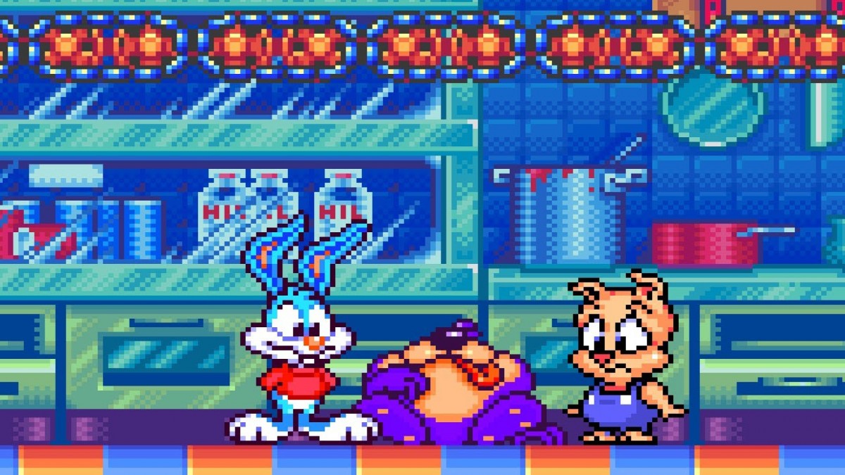 Buster Busts Loose game for the Super Nintendo Entertainment System featuring side scrolling platformer gameplay with cartoon style visuals fast paced levels special abilities and stages based on Tiny Toon Adventures starring Buster Bunny gameplay