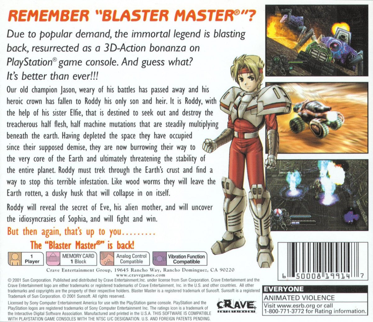 Blaster Master: Blasting Again retro sci-fi action platform shooter game for PlayStation 1 (PS1) back of case