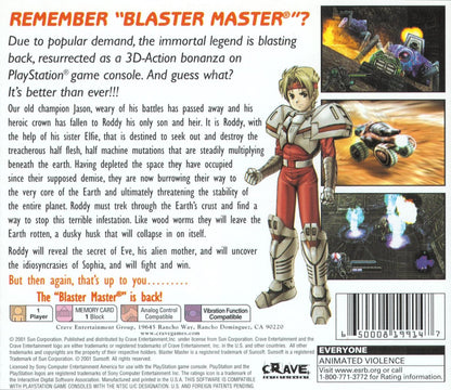Blaster Master: Blasting Again retro sci-fi action platform shooter game for PlayStation 1 (PS1) back of case