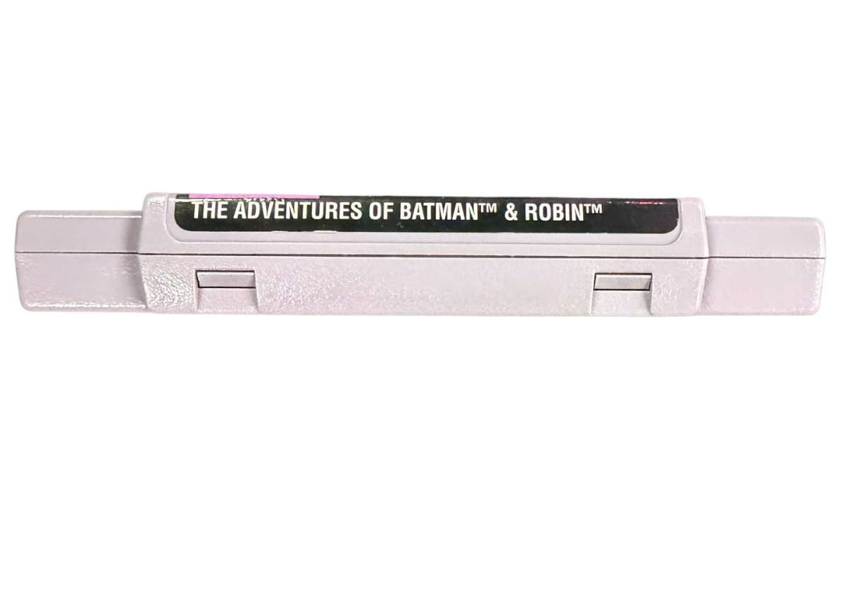 The Adventures of Batman & Robin Super Nintendo Entertainment System SNES for action platforming video game fans featuring Batman and Robin combat Gotham City environments side scrolling gameplay enemy battles challenging stages comic book inspired visuals power ups and classic DC Comics adventure collectible retro gaming appeal cartridge top of label