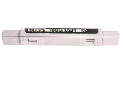 The Adventures of Batman & Robin Super Nintendo Entertainment System SNES for action platforming video game fans featuring Batman and Robin combat Gotham City environments side scrolling gameplay enemy battles challenging stages comic book inspired visuals power ups and classic DC Comics adventure collectible retro gaming appeal cartridge top of label