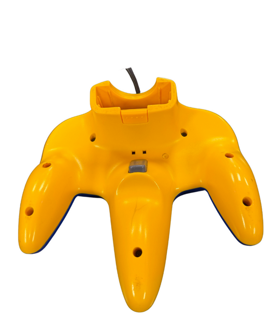 Bottom view of the limited edition Pokémon Pikachu Nintendo 64 controller, showing button layout, ergonomic design, and Pikachu-themed detailing on the underside of the controller