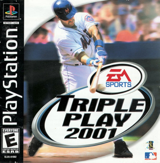 Triple Play 2001 for PlayStation 1 baseball sports video game featuring official MLB teams and players, realistic batting and pitching mechanics, season and franchise modes, and classic EA Sports baseball gameplay experience cover 