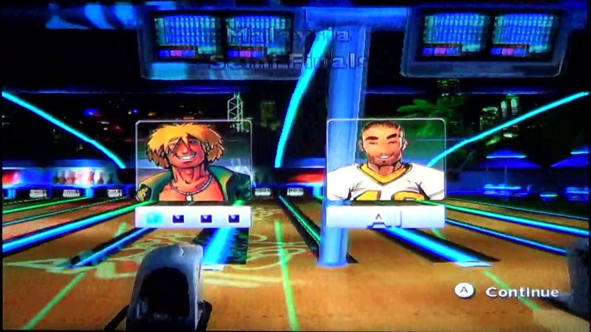 AMF Bowling Pinbusters Wii inspired design featuring arcade bowling sports gameplay aesthetic motion controlled lane action colorful characters family friendly competition multiplayer party fun casual Nintendo Wii entertainment presentation gameplay