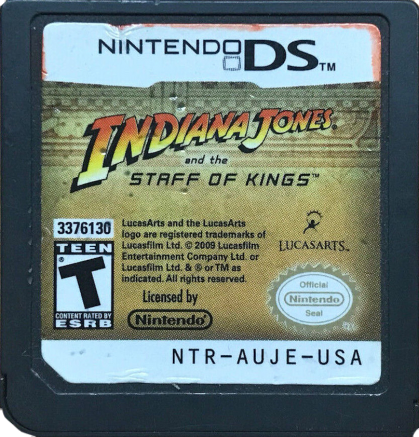 Indiana Jones and the Staff of Kings Nintendo DS video game featuring classic LucasArts action adventure gameplay whip combat puzzle solving touch screen controls and cinematic treasure hunting storyline cartridge