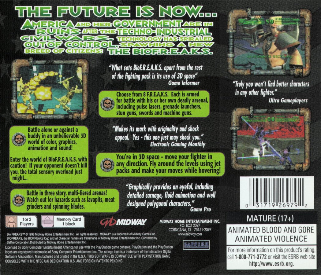 Bio FREAKS PS1 PlayStation 1 fighting game cybernetic combat sci fi arena battles arcade style gameplay retro video game back of case