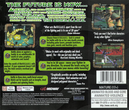 Bio FREAKS PS1 PlayStation 1 fighting game cybernetic combat sci fi arena battles arcade style gameplay retro video game back of case