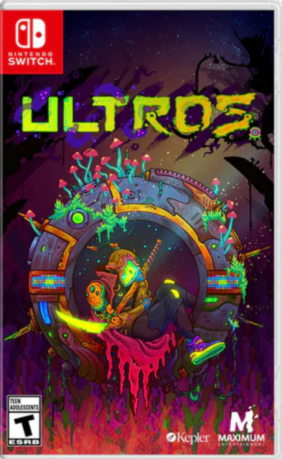 ULTROS Nintendo Switch inspired design featuring psychedelic sci fi action adventure aesthetic vibrant alien ecosystems surreal hand drawn visuals mysterious cosmic world exploration metroidvania progression atmospheric storytelling and unique botanical themed gameplay presentation front cover
