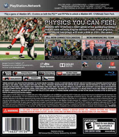 Madden NFL 13 back cover art for PlayStation 3 (PS3) video game