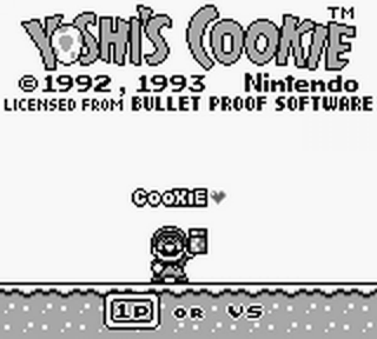 Yoshi’s Cookie Game Boy video game, puzzle gameplay, classic Nintendo character title, retro handheld console game title screen