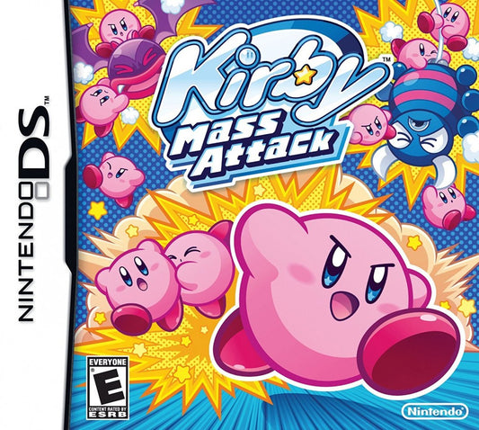 Kirby Mass Attack for Nintendo DS action platformer puzzle game featuring multiple Kirby characters touch screen controls colorful levels and creative gameplay mechanics cover