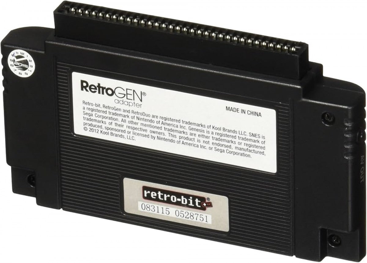 RetroGEN adapter cartridge converter for playing Sega Genesis games on Super Nintendo SNES consoles region-free gameplay complete in box CIB back top of cartridge