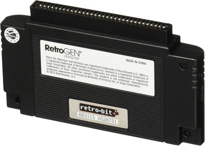 RetroGEN adapter cartridge converter for playing Sega Genesis games on Super Nintendo SNES consoles region-free gameplay complete in box CIB back top of cartridge