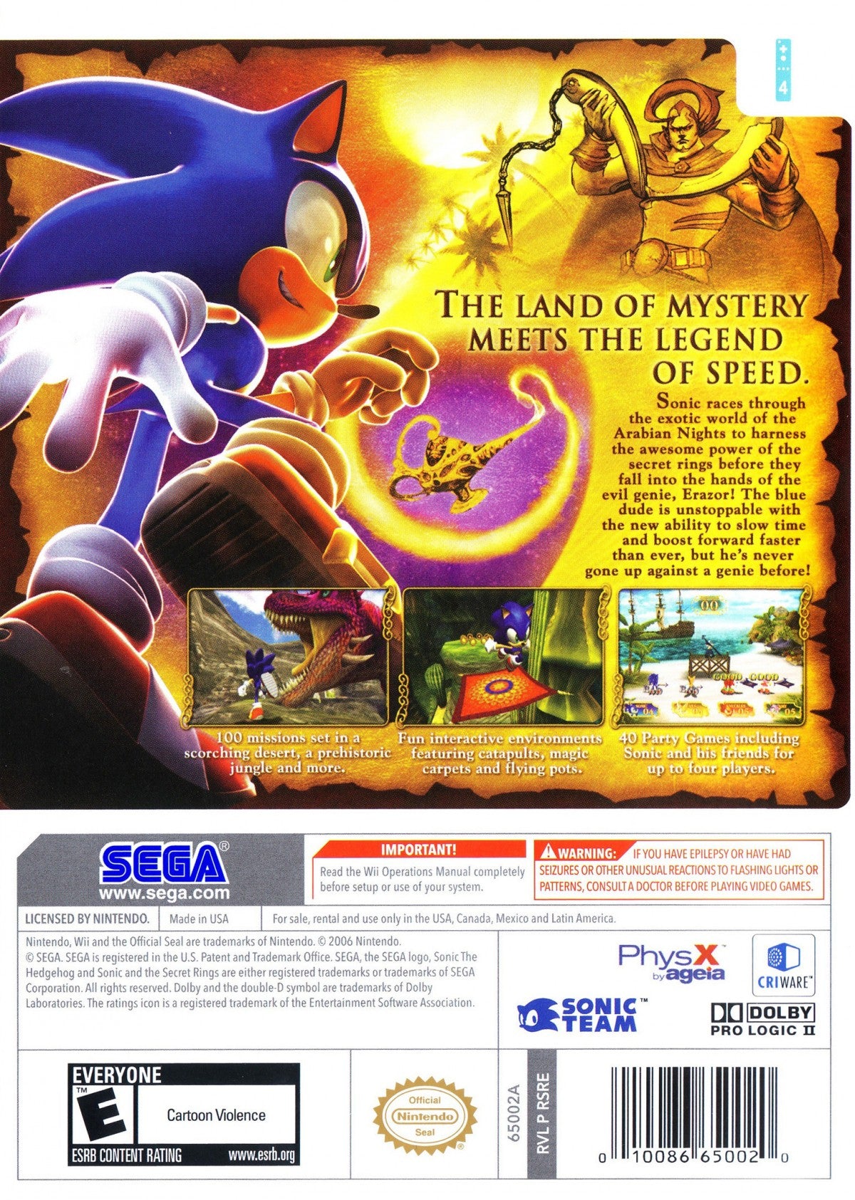 Sonic and the Secret Rings – Nintendo Wii (Wii) action-adventure fantasy platformer video game back of case