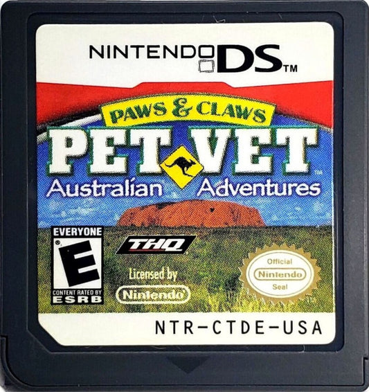 Paws & Claws Pet Vet Australian Adventures Nintendo DS video game, animal care simulation, veterinary adventure gameplay, family-friendly handheld console title cartridge