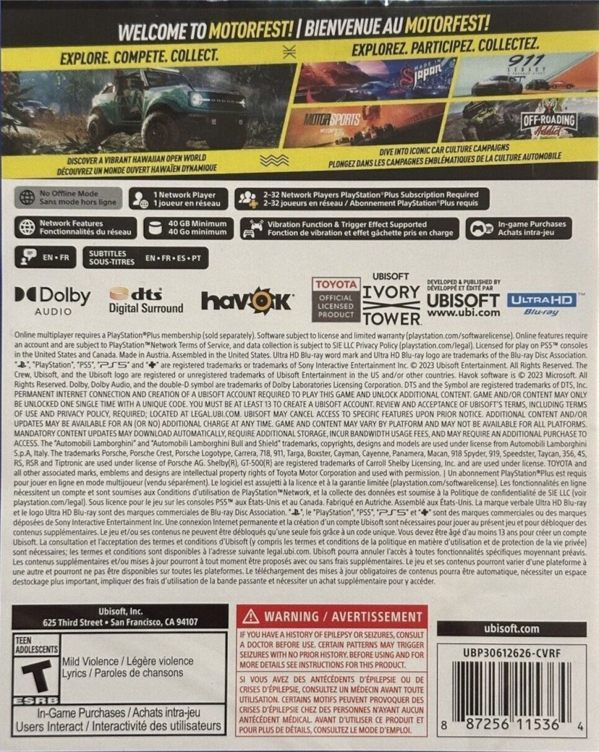 The Crew Motorfest PS5 game featuring open-world racing, high-speed arcade driving, and vibrant festival-style motorsport gameplay on PlayStation 5 back cover