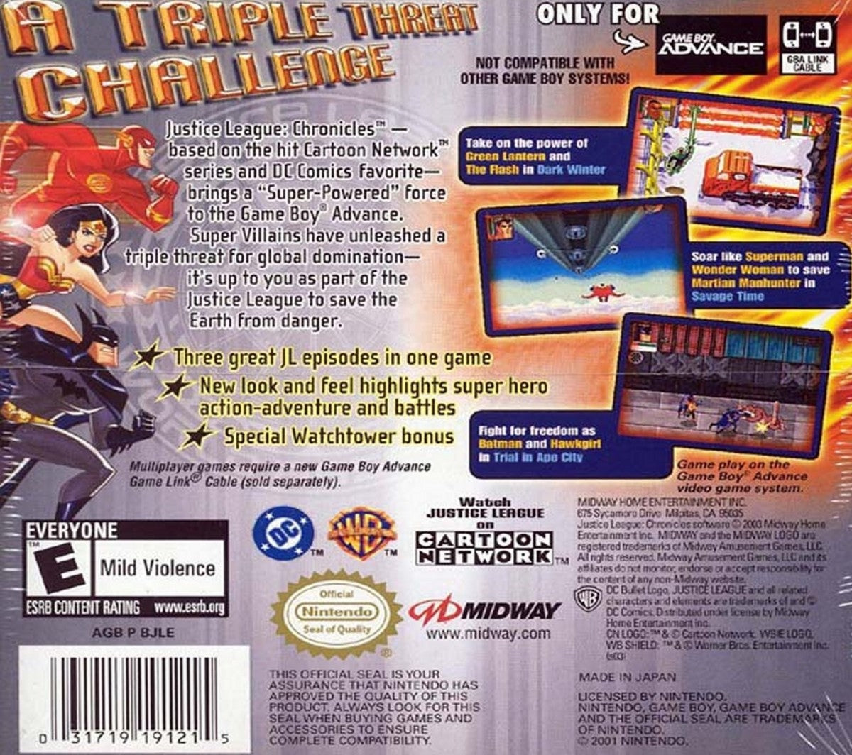 Justice League Chronicles Game Boy Advance GBA for retro video game enthusiasts featuring superhero action gameplay iconic DC heroes cooperative combat missions side scrolling adventure mechanics comic book inspired challenges fast paced handheld gaming action and collectible gaming appeal back cover 