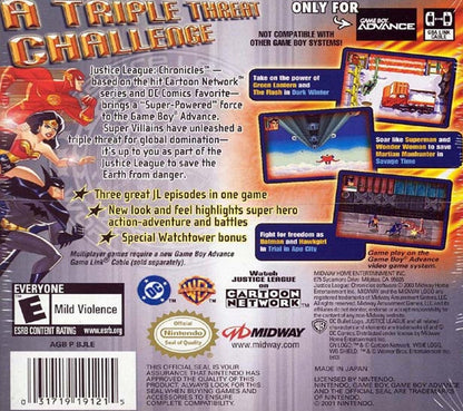 Justice League Chronicles Game Boy Advance GBA for retro video game enthusiasts featuring superhero action gameplay iconic DC heroes cooperative combat missions side scrolling adventure mechanics comic book inspired challenges fast paced handheld gaming action and collectible gaming appeal back cover 