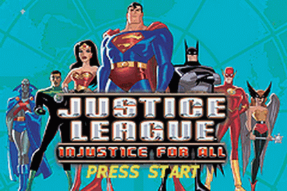 Justice League: Injustice for All start menu for Game Boy Advance (GBA) video game