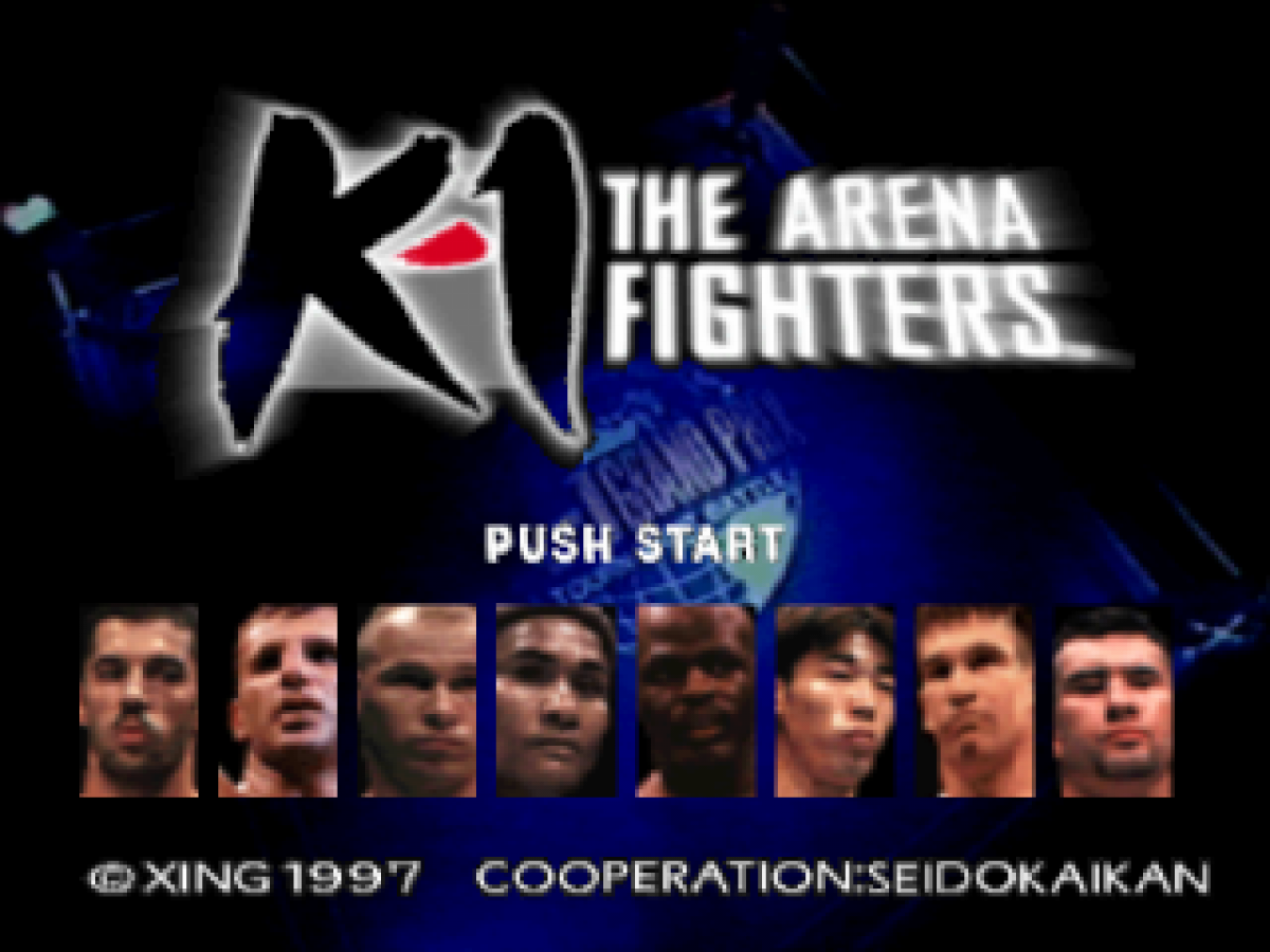 K-1 The Arena Fighters is a 3D kickboxing fighting game for the original PlayStation (PS1), featuring eight real-world K-1 fighters, multiple game modes including One Player, VS, Tournament, and Team Battle, and strategic combat focused on punches, kicks, stamina, power management, and signature moves title screen