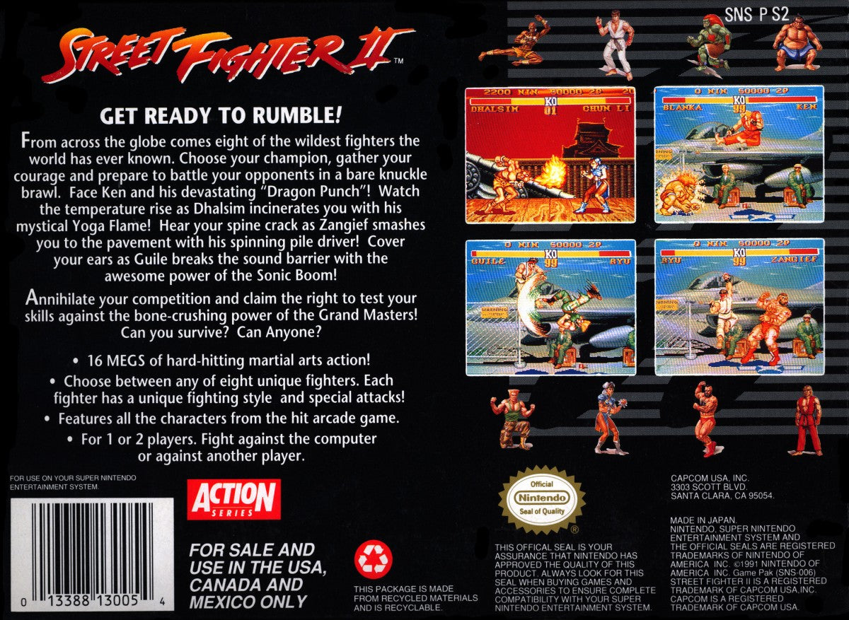 Retro Street Fighter II SNES inspired design featuring classic arcade fighting game aesthetic iconic world warriors fast paced 2D combat pixel art martial arts tournament gameplay legendary Capcom fighter nostalgic Super Nintendo presentation rear art 