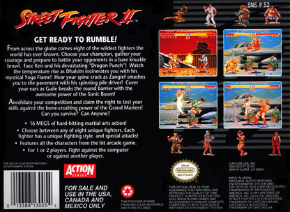 Retro Street Fighter II SNES inspired design featuring classic arcade fighting game aesthetic iconic world warriors fast paced 2D combat pixel art martial arts tournament gameplay legendary Capcom fighter nostalgic Super Nintendo presentation rear art 