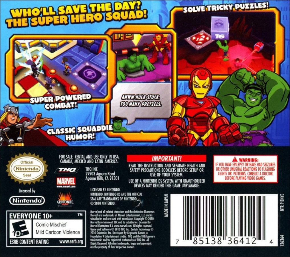 Marvel Super Hero Squad The Infinity Gauntlet for Nintendo DS (DS), back of case for a retro video game featuring action-adventure gameplay, superhero combat, character-based missions, side-scrolling battles, and comic-inspired story progression