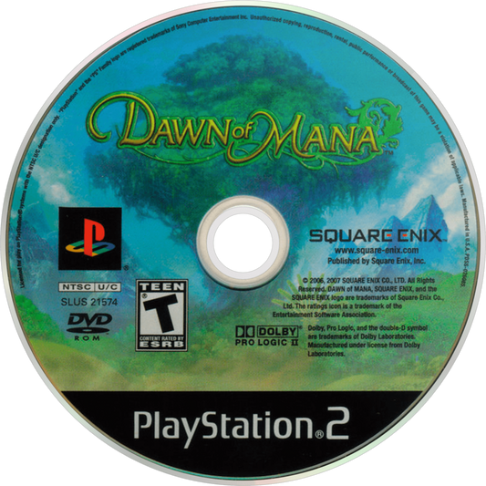 Dawn of Mana PlayStation 2 PS2 action role playing video game featuring fantasy adventure real-time combat exploration magical abilities powerful enemies environmental interaction character development story-driven gameplay and classic PlayStation 2 PS2 gameplay collectible retro gaming appeal disc