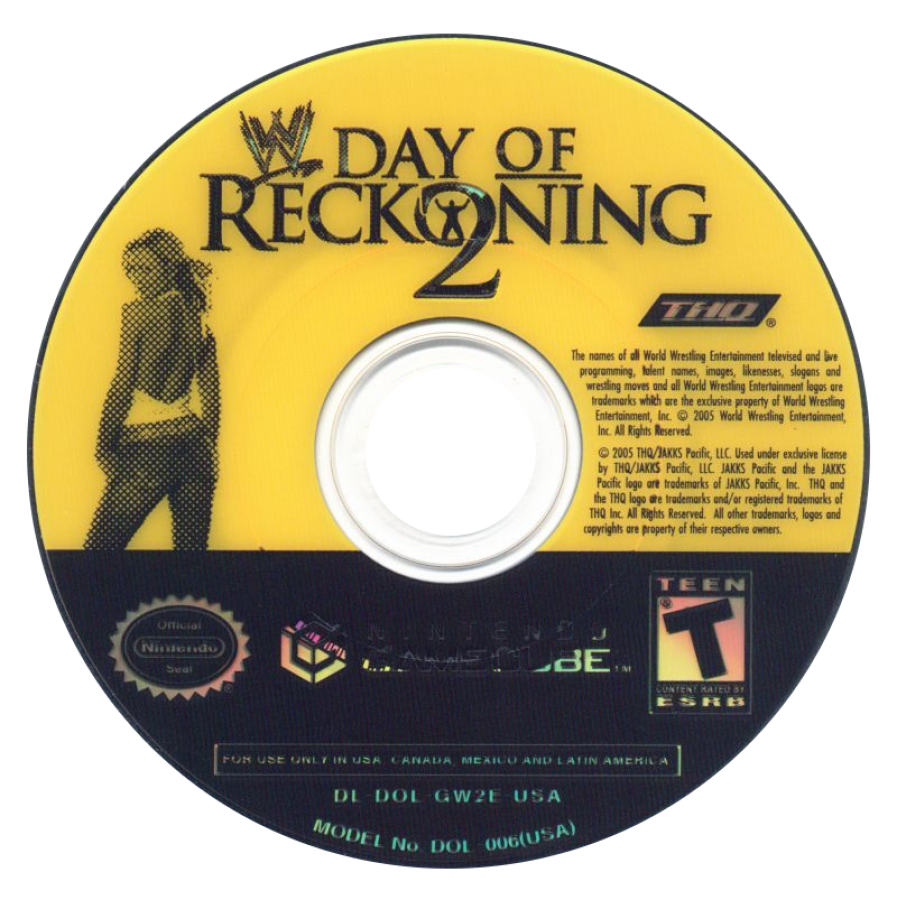 WWE Day of Reckoning 2 GameCube GC video game, professional wrestling, fighting simulation, multiplayer, sports entertainment, Nintendo GameCube title disc art