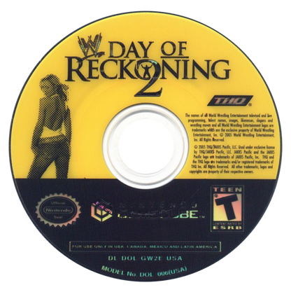 WWE Day of Reckoning 2 GameCube GC video game, professional wrestling, fighting simulation, multiplayer, sports entertainment, Nintendo GameCube title disc art
