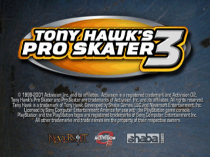 Tony Hawk’s Pro Skater 3 title screen PlayStation 1 PS1 video game, skateboarding sports action, trick-based gameplay, extreme sports classic
