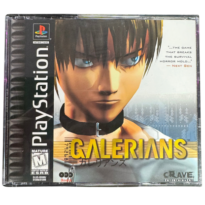 Galerians Complete In Box CIB Sony PlayStation PS1 video game featuring survival horror action gameplay psychic abilities Rion character exploration dark environments enemy encounters puzzle solving story driven adventure and classic 32 bit PlayStation gameplay retro video game collection collectible gaming appeal cove art