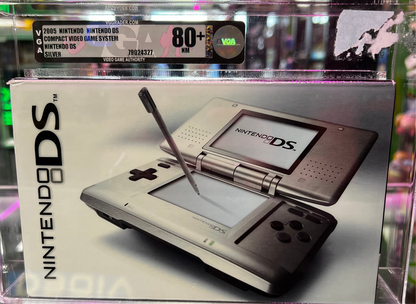 Front view of a sealed, VGA-graded Nintendo DS system encased in a clear acrylic display box with visible grading label.