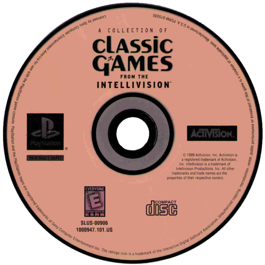 A Collection of Intellivision Classic Games compilation video game for the original Sony PlayStation (PS1), featuring a selection of classic Intellivision games including arcade-style action, sports, racing, shooting, and strategy titles, bringing a variety of retro console gameplay experiences to PlayStation players in one collection disc
