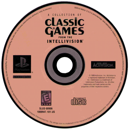 A Collection of Intellivision Classic Games compilation video game for the original Sony PlayStation (PS1), featuring a selection of classic Intellivision games including arcade-style action, sports, racing, shooting, and strategy titles, bringing a variety of retro console gameplay experiences to PlayStation players in one collection disc