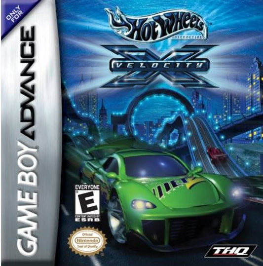 Hot Wheels Velocity X Game Boy Advance GBA video game, racing action, stunt and vehicle gameplay, handheld console title cover art 