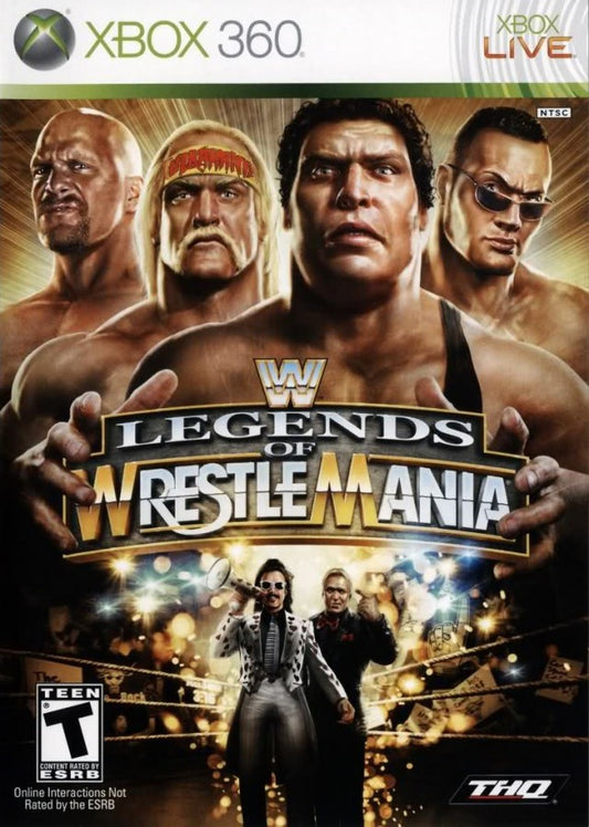 WWE Legends of WrestleMania Xbox 360 wrestling arcade game classic roster Hulk Hogan Andre the Giant Stone Cold The Rock relive historic WrestleMania moments cover art 