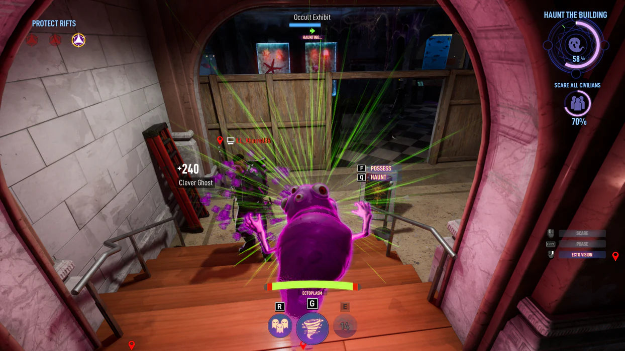 Ghostbusters: Spirits Unleashed for PlayStation 4 (PS4) at Gamers INC, featuring fun asymmetrical multiplayer where teams of Ghostbusters hunt a player-controlled ghost, with customizable gear, classic Ghostbusters humor, and spooky haunted locations to capture or escape from the paranormal chaos gameplay screenshot