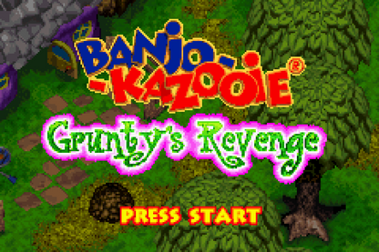 Banjo Kazooie Grunty's Revenge Game Boy Advance GBA video game featuring action platforming gameplay Banjo and Kazooie adventure colorful worlds enemy battles puzzle solving collectible items and classic handheld Nintendo gameplay retro video game collection collectible gaming appeal start screen