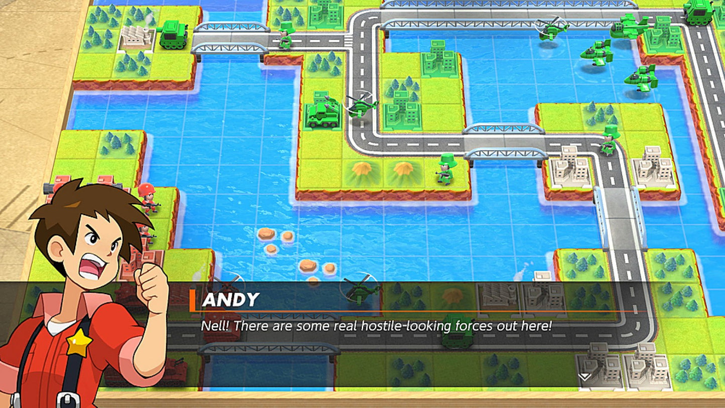 Advance Wars 1+2: Re‑Boot Camp gameplay for Nintendo Switch (NS) featuring remastered tactical strategy gameplay, commanding armies across grid‑based battlefields with updated visuals and classic campaigns.