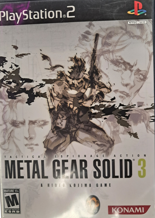 Metal Gear Solid 3 Snake Eater PS2 inspired design featuring tactical stealth action aesthetic Cold War espionage jungle survival military infiltration cinematic storytelling covert operations legendary stealth gameplay nostalgic PlayStation 2 presentation front cover