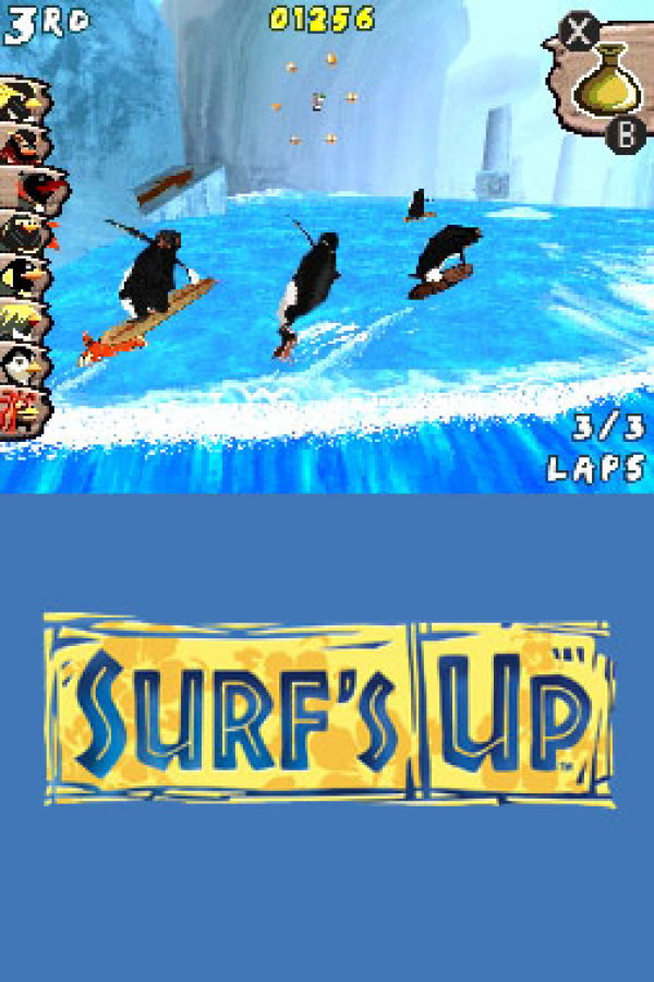 Surf’s Up for Nintendo DS (DS), title screen for a retro video game featuring surfing sports gameplay, wave-riding challenges, trick-based competitions, character-based progression, and movie-inspired arcade action