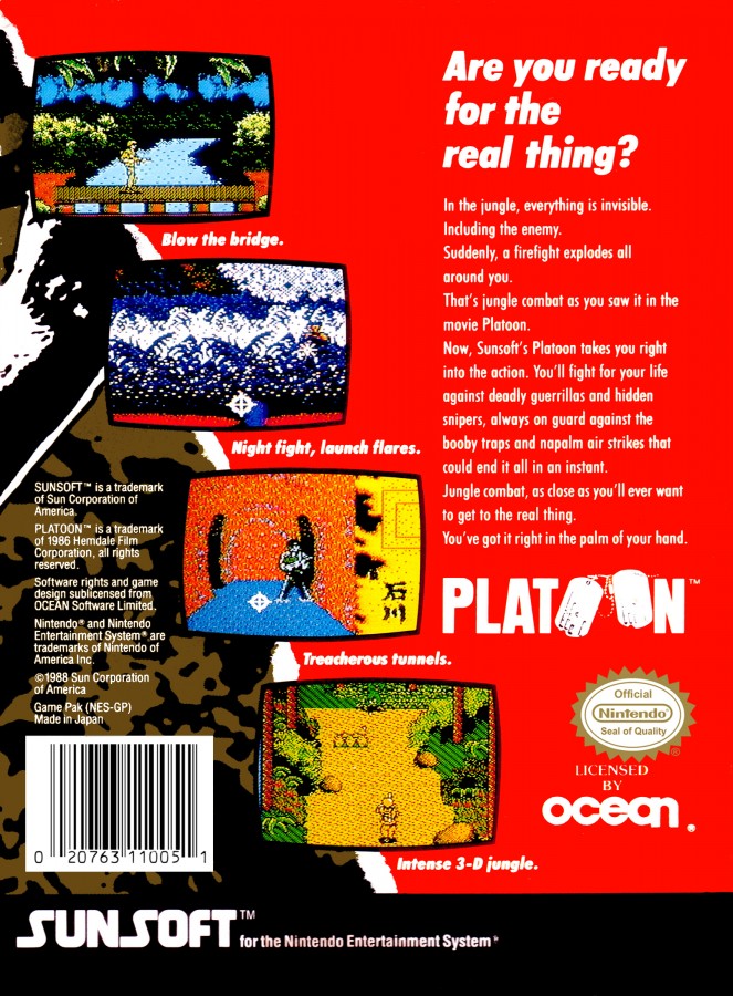 Platoon cartridge for the Nintendo Entertainment System featuring 8 bit side scrolling action based on the Vietnam War with soldier combat missions and tactical gameplay back cover